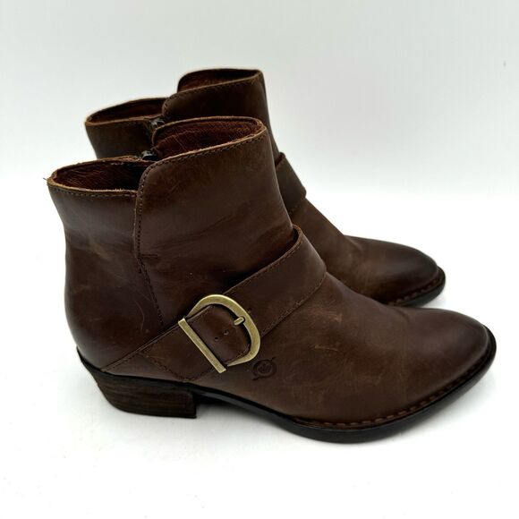 Born Women's Leather Ankle Boots Size 7.5 Brown w Side Zip and Buckle Detail - Picture 1 of 9